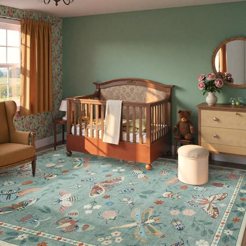 Beeiva Insect Print Washable Rugs 8x10 for Living Room - Sage Green Stain Resistant Soft Area Rug 8x10, Non Slip Bedroom Rug Under Bed Large Carpet Cottagecore Boho Decor(8'x10',Green) - color: Light Green, size: 8' x 10' (Rectangular)