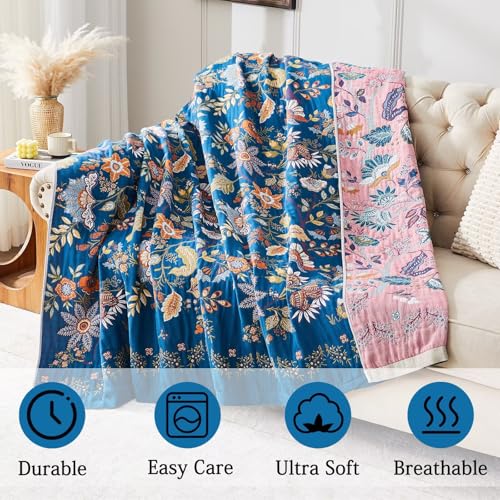Boho Blanket Soft Muslin BohoThrow Blanket, 100% Cotton Floral Printed Farmhouse Decor All Season Reversible Rustic Throw for Sofa Couch Chair (Blue, 80"x90") - color: Blue, size: 80"x90"
