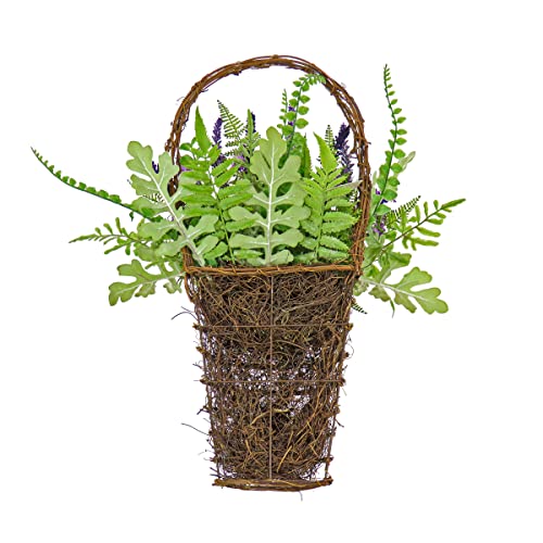 National Tree Company Artificial Hanging Wall Basket, Wicker Base, Decorated with Astilbe Flowers, Ferns, Leafy Greens, Spring Collection, 20 Inches