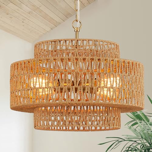 17.8" Boho Rattan Chandelier Light Fixture, 4-Light Golden Hand Woven Pendant Light Fixture Farmhouse Rustic Wicker Chandeliers for Kitchen, Bedroom, Dining Room, Living Room, Hallway, Foyer - color: Gold 17.8"