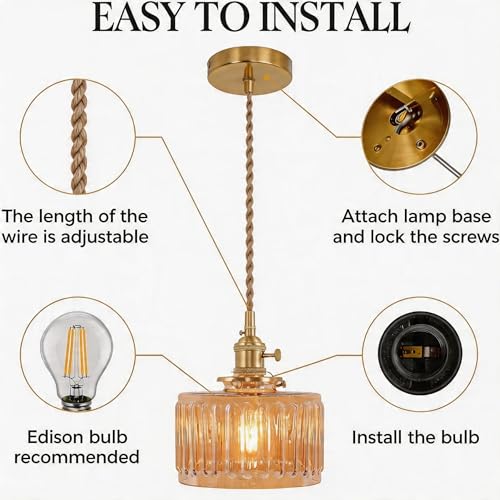 Amber Striped Glass Pendant Light, 2 Natural Light Bulbs Included, Adjustable Cord with Switch, Suitable for Kitchen Island/Dining Room - color: Amber 2pcs Ribbed Glass Pendant Light