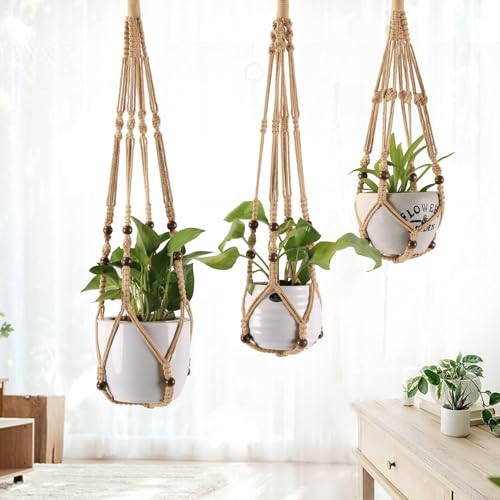3-Pack Macrame Plant Hanger Indoor - Hanging Planter Basket for Indoor Outdoor - Decorative Boho Plant Holders Set with Beads - Ceiling Flower Pot Holder with 6 Hooks - 35"/30"/24" Linen - color: Linen