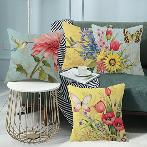 wyooxoo Spring Summer Pillow Covers 16x16 Set of 4 Decorative Throw Pillow Covers Linen Flower Butterfly Farmhouse Pillowcases for Sofa Couch Living Room Outdoor - color: Color B, size: 16" x 16" (Pack of 4)