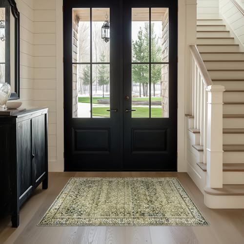BILEEHOME Throw Rugs 2x3,Non Slip Washable Vintage Floral Boho Accent Soft Thin Small Area Rug for Sink Area Bathroom Bedroom 24 x 36,Olive Green and Beige - color: Olive&tan, size: 2' x 3' (Rectangular)