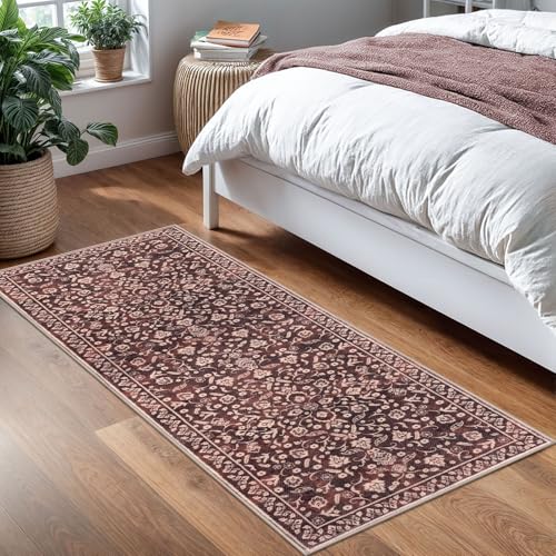 Vintage Washable 2x5 Rug Runner, Burgundy Runners for hallways, Super Soft Kitchen Runner Rug Non Slip, Print Faux Wool Floral Thin Carpet Runner for Entryway Indoor Bedroom - color: Warm Burgundy Brown, size: 2' x 5' (Runner)