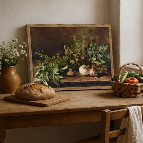 Framed Vintage Kitchen Wall Art, Rustic Garlic and Herbs Pictures Wall Decor Paintings, Farmhouse Cottagecore Canvas Prints Artwork for Home Dining Room Living Room 12x16 inch - color: Garlic and Herbs, size: 16"L x 12"W