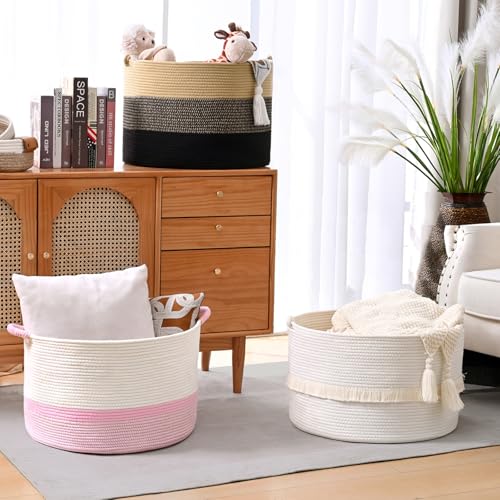 67L Large Blanket Basket, 20"x13" Woven Storage Baskets With Handle, Cotton Rope Blanket Basket Living Room, Baby Laundry hamper for Blanket, Nursery, Toy, Pillow (White & Pink) - color: White & Pink, size: 67L