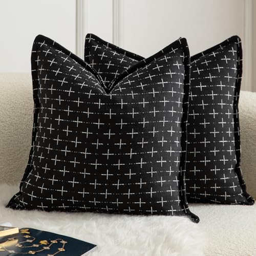 MANDIOO Pack of 2 Burlap Linen Throw Pillow Covers Woven Textured Modern Farmhouse Cushion Covers Pillowcase Decorative Couch Sofa Bed Living Room 18 x 18 Inch Black - color: Black, size: 18" x 18" (Pack of 2)