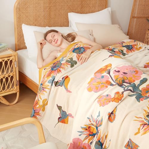 Boho Throw Blanket for Bed Couch- 100% Organic Cotton Muslin 50x60 Inch Fall Blanket Cozy Reversible Breathable Quilt Throw All-Season for Sofa & Bedroom Washable Floral Decor Blankets