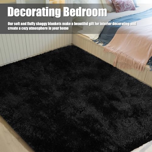 Shag Area Rug for Bedroom 4x6,Black Fluffy Area Rugs for Living Room,Soft Fuzzy Rug Non-Shedding Indoor Plush Carpet for Kids Bedroom Nursery Dorm Home Decor - color: Black, size: 4' x 6' (Rectangular)