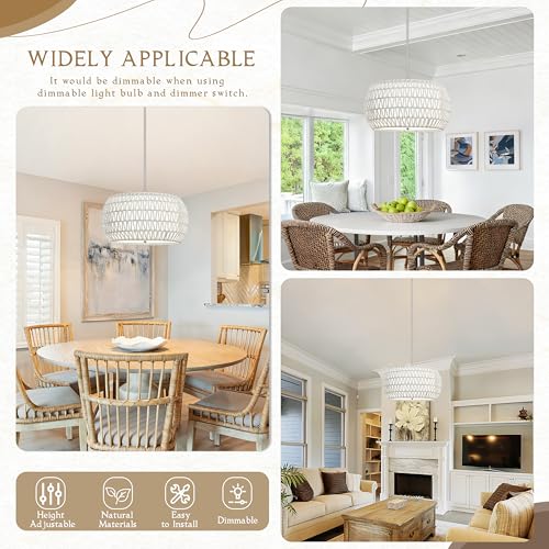 18 inch White 3 Light Rattan Chandelier Rattan Farmhouse Light Fixture Woven Pendant Lights Fabric Shade Boho Chandelier for Kitchen Dinning Room - color: 18"-White-Drum