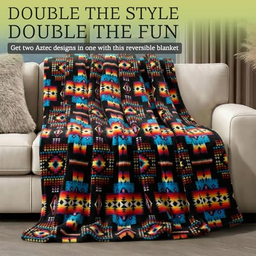 Sacred Thread Aztec Blanket Fleece, Reversible Native American Blanket, Western Throw, Native American Western (Grey Flannel), Queen (79”x95”) - color: Grey Flannel, size: Queen (79”x95”)