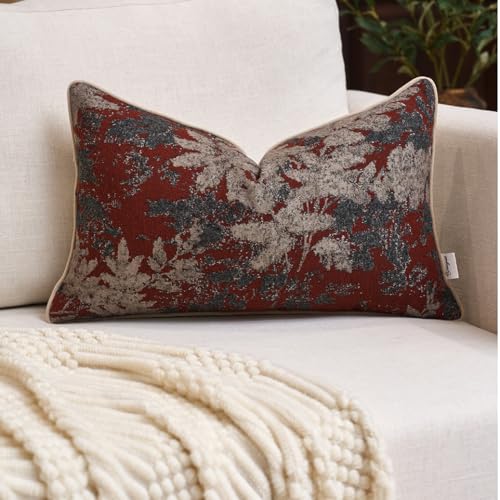Yangest Neutral Leaf Pillow Cover 12 x 20 Inches, Vintage Chenille Rectangle Throw Pillow Cover Soft Leaves Nature Accent Couch Pillow Cover for Living Room Bedroom, Red - color: Red, size: 20" x 12" (Pack of 1)