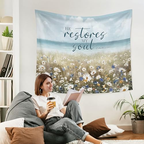 WARDOS Coastal Christian Tapestry, He Restores My Soul Bible Verse Tapestry Wall Hanging, Daisy Flower Field Religious Scripture Wall Blanket Decor for Home Beach Bedroom Cabin, 50x60 Inch - color: flower seven