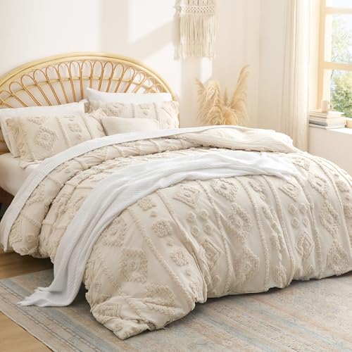 Bedsure Boho Duvet Cover Queen Size - Tufted Boho Bedding, Farmhouse-Style Distressed Vintage Embroidery Bedding for All Seasons, 3 Pieces, 1 Soft Jacquard Queen Comforter Cover and 2 Pillow Shams - color: 08 - Beige Tufted (No Comforter), size: Queen (90