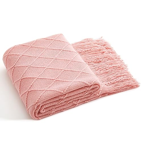 Acrylic Knitted Throw Blanket, Lightweight and Soft Cozy Decorative Woven Blanket with Tassels for Couch, Bed, Sofa, Travel, Suitable for All Seasons, 50 x 60 Inches, Baby Pink - color: Baby Pink