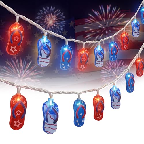 8.5Ft LED Tropical Beach Flip Flop String Lights, 4th of July American Flag Slipper Lights Plug in with 10 Bulbs, Independence Day Decoration Lights for Patriotic Party Festival National Day, White - color: Red White Blue Slipper