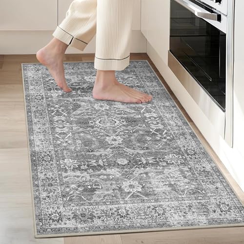 2x3 Entryway Rug Grey Washable Vintage Rugs for Entryway Kitchen Low Pile Non-Slip Door Mat Traditional Distressed Small Throw Rugs for Kitchen Entrance Bathroom - color: Grey, size: 2'*3'(Rectangular)