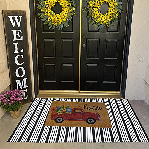 Black and White Striped Outdoor Rug Front Porch Rug 35.4'' x 59'' Front Door Mat Cotton Hand-Woven Reversible Mats for Outdoor,Entryway,Laundry Room,Farmhouse,Kitchen - color: Black&white Stripe, size: 3' x 5' (Rectangular)