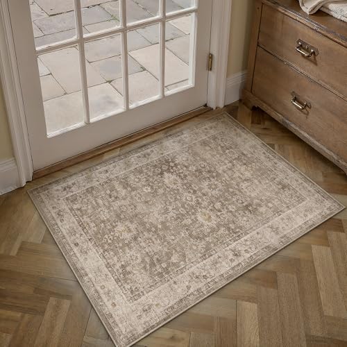 HUGEAR 2x3 Entryway Rug Taupe Machine Washable Rug Room Decor Vintage Distressed Small Area Rugs Indoor Door Mat Low Pile Non Slip Carpet for Kitchen Living Bedroom Soft Lightweight - color: A| Taupe, size: 2' x 3' (Rectangular)