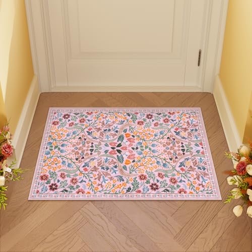 Moynesa Floral Pink Washable Rug, 2x3 Boho Bathroom Rugs Non Slip Soft Bedroom Accent Mat Ultra Thin Flower Small Indoor Door Mat for Entryway Kitchen Bedside, Pink - color: Pink, size: 2' x 3' (Rectangular)