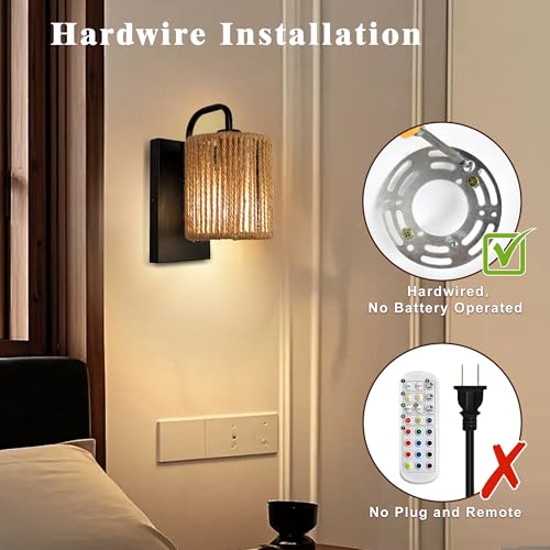 Boho Wall Sconce, Rattan Wall Light Fixtures with Hemp Rope Sconces for Living Room Bathroom Hallway Rustic Bohemian Modern Woven Scocne E26 10inch - color: Woven Rattan Style