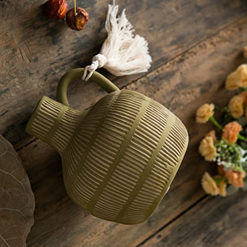 Mowtanco Farmhouse Vase with Handle and Tassel, Grey Yellow Vertical Stripes Design Clay Vase 10'' Tall - Ceramic Flower Vase for Rustic Home Decor, for Fireplace Kitchen Living Room Centerpieces - color: Green