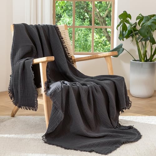 MooMee Muslin Blanket - 100% Cotton 4-Layer Gauze Throw Blanket with All-Around Fringe, Soft Breathable Lightweight Cooling Summer Blankets for Bed Couch (Dark Grey,Throw XL 50" x 70") - color: Dark Grey, size: Throw XL