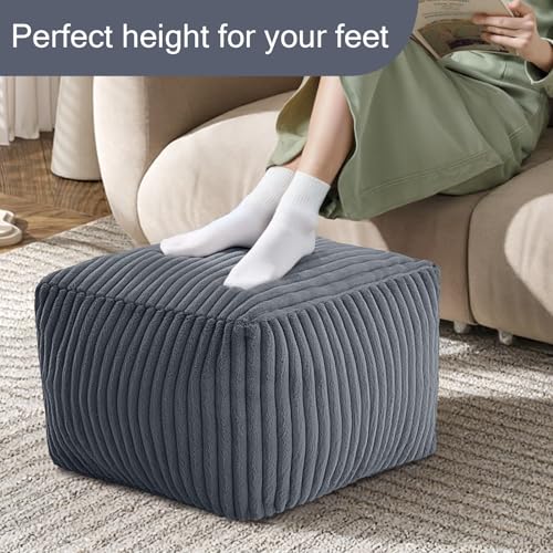 MeMoreCool Square Stuffed Pouf Ottoman Foot Rest, Stripe Furry Floor Pouf Foot Stool with Foam Chunk Filling, Soft Fluffy Stuffed Ottoman Footrest for Living Room, Faux Fur Grey - color: Ribbed Dark Grey