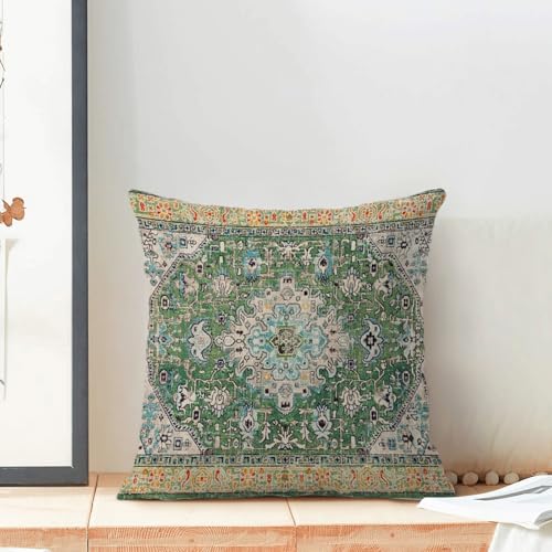 Boho Pillow Covers 18x18 Set of 2 Vintage Green Floral Carpet Throw Pillow Covers Decoration Outdoor Bohemian Rug Pattern Decorative Pillowcase Farmhouse Linen Cushion Cover for Home Couch - color: Boho-green-3, size: 18" x 18" (Pack of 2)