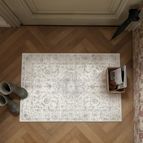PureCozy 2x3 Area Rug Gray Washable Vintage Entryway Door Mat Carpet Small Non Slip Soft Low Pile Thin Kitchen Bathroom Retro Accent Throw Rug Entrance Bedroom Office Living Room - color: Retro Gray, size: 2' x 3' (Rectangular)