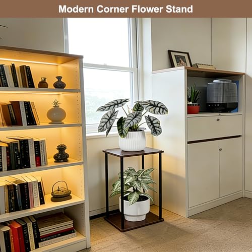 Vigordream Plant Stand Indoor Outdoor 2 Tier Metal Plant Shelf Tall Pedestal Stand Flower Pot Stands Multiple Planter Support Rack for Corner Living Room, Balcony, Garden Patio (Retro Brown, 17 INCH) - size: 17 INCH