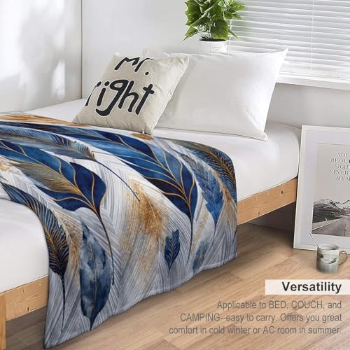 Blanket Luxury Feather Leaf Plant Blue Throw Blanket for Women Men, 50"x60" Golden Foliage Plush Flannel Throws, Decor for Bed Couch Bedroom - color: Luxury Feather Leaf Plant Blue, size: 50"x60"