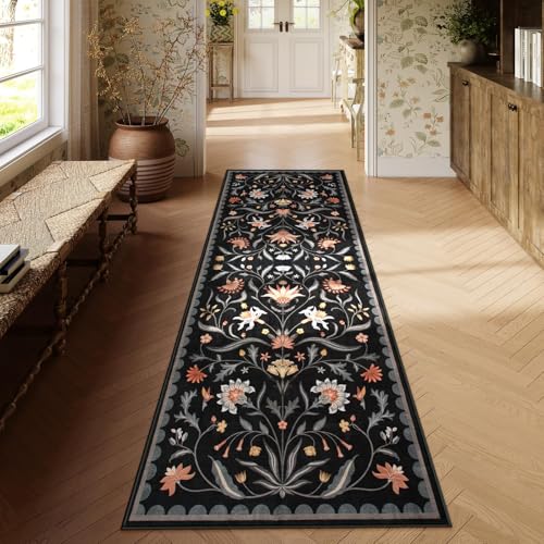 Lahome Boho Floral 2'6"x8' Washable Runners for Hallways, Kitchen Runner Rugs Non Skid Ultra-Thin, Soft Hallway Rug Throw Carpet Runners for Bedroom Bathroom Laundry Room (Black,2.6x8ft) - color: Black, size: 2'6" x 8' (Runner)