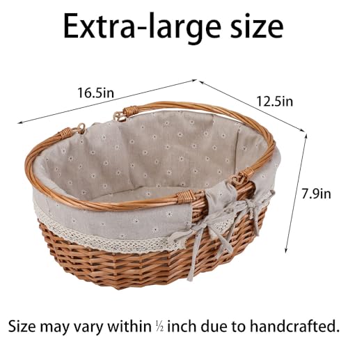 Large Wicker Picnic Basket with Handles,Handle Sturdy Woven Body with Removable and Washable Lining,Outdoor Camping,Gift Packing,Garden Picking, Storage.White Flower - color: White Flower
