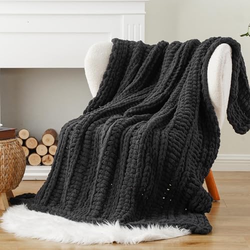 Battilo Chunky Knit Throw Blanket for Couch, Hand Made Chenille Throw Blanket, Super Soft Warm Cozy Charcoal Blanket for Bed, Sofa, Living Room, 50"x60" - color: Charcoal