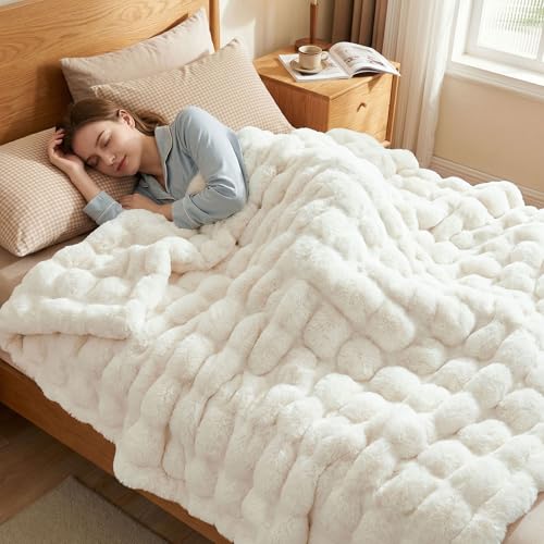 JONIYEAR Soft Fuzzy Bubble Faux Rabbit Fur Throw Blanket for Couch Chair 50" x 60", Reversible Textured Thick Warm Fluffy Blanket for Winter, Luxury Cozy Puffy Shaggy Comfy Furry Blankets, Cream White - color: Cream White - 900gsm, size: Travel/Throw Size