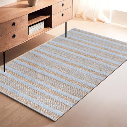 Area Rug Farmhouse 3x5 Feet - Hand Woven Jute Cotton Rug Bohemian Rustic Vintage - Non Slip Floor Rug for Bedroom Living Room Kitchen Dorm Entryway Hallway - Area Rug Natural Grey - color: Natural Grey, size: 3'x5'