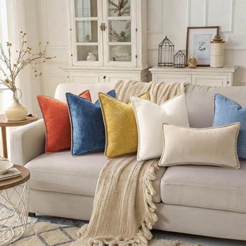 decorUhome Fall Chenille Soft Cozy Throw Pillow Covers 12x20 Set of 2, Modern Farmhouse Boho Velvet Decorative Pillow Cases with Stitched Edge for Couch Sofa Bed Home Decor, Beige - color: Beige, size: 20" x 12" (Pack of 2)