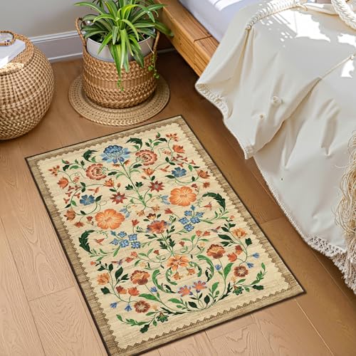 GarveeHome Floral Rug for Entryway 2x3 Rugs Machine Washable Boho Small Area Rug Non-Slip Low-Pile Front Door Soft Mat for Entrance, Bedroom, Kitchen, Laundry, Bathroom, Beige - color: C Brown, size: 2' x 3' (Rectangular)