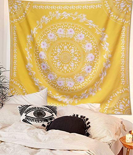 Lifeel Yellow Bohemian Tapestry Wall Hanging, Mandala Floral Medallion Hippie Tapestry with White Aesthetic Wreath Design, Gold Wall Decor Blanket for Bedroom Home Dorm,Large 68×80 inches - color: Yellow, size: 80"L x 68"W
