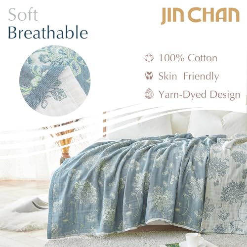 jinchan Boho 100% Cotton Muslin Twin Size 60x80 Inches Blanket Lightweight 4-Layer Quilted Soft Blue and White Floral Throw Blanket Green Accents Reversible Comfy Flower Summer Couch Bedroom Decor - color: Floral Blue White With Green Accents, size: 60"x8