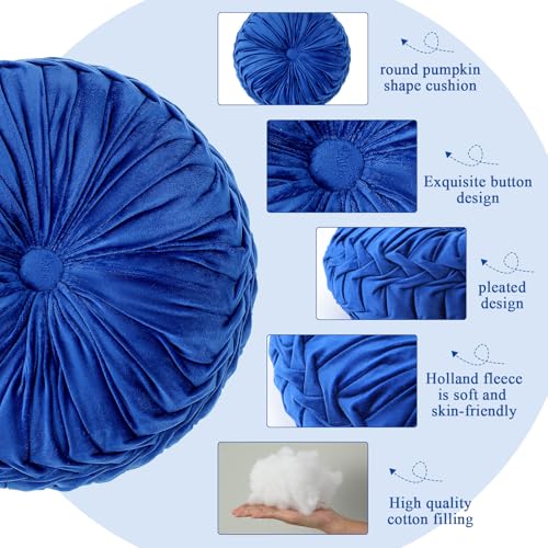 Drydiet 1 Pcs Round Throw Velvet Pillows Decorative Pleated Throw Pillows Diameter Accent Pumpkin Boho Chair Cushion for Couch Sofa Home Decoration (Royal Blue,15'') - color: Royal Blue, size: 15''