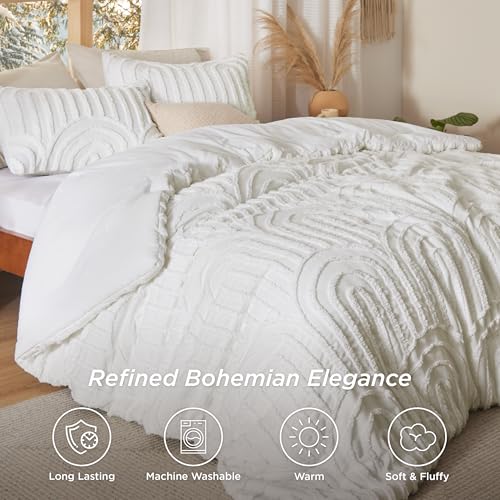 Bedsure Boho Tufted White Comforter Set Queen Size, GentleSoft™ 3 Pieces Boho Farmhouse-Style Decor Bedding, Arch Bedding for All Seasons, 1 Bed Comforter, 2 Pillow Shams, 90x90 Inches - color: 02 - Arch Jacquard White, size: Queen (90" x 90")