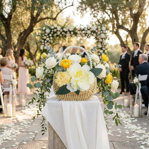 2 Pcs Rattan Flower Girl Basket Light Brown Small Half Moon Wicker Basket with Pearl Handle and Ribbon for Flower Girl Wedding Garden Picnic Home Decor and Storage