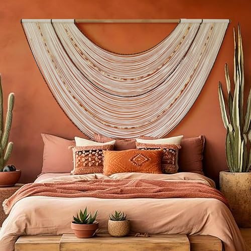 Flber Macrame Wall Hanging Handcrafted Boho Wall Decor Bead Woven Wall Hanging for Bedroom, Living Room, Entryway, Farmhouse or Nursery Bohemian Home Aesthetic 57"x35" - color: Ivory