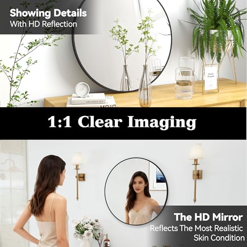 SCWF-GZ 24" Round Mirror Circle Wall Mounted Hanging or Against Wall Aluminum Alloy Metal Frame Dressing Make-up Mirrors for Entryway Bedroom Bathroom Living Room 24 inch Black - color: Black, size: 24"L x 24"W