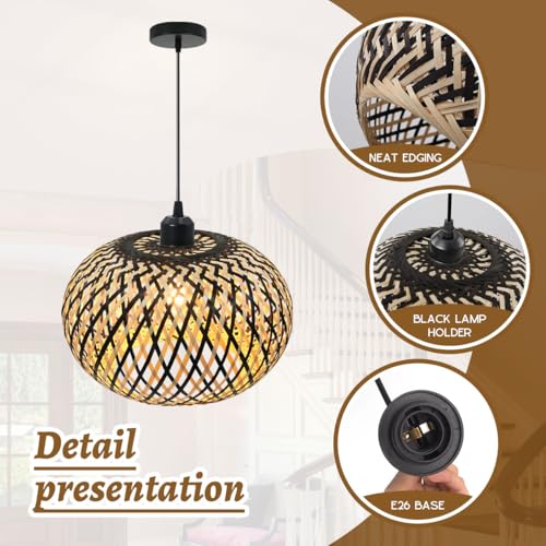 Island Pendant Light Black Natural Hand-Woven Bamboo Pendant Lights 1-Light Boho Light Fixtures Farmhouse Rustic Hanging Lamp for Living Room Dining Room Bedroom - color: Black Rattan, 1-Light