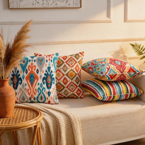 Boho Throw Pillow Covers 18x18 Set of 4 Colorful Ikat Geometric Decorative Cushion Covers with Hidden Zipper Soft Polyester Double Sided Print Machine Washable, No Inserts - color: Rainbow, size: 18" x 18" (Pack of 4)