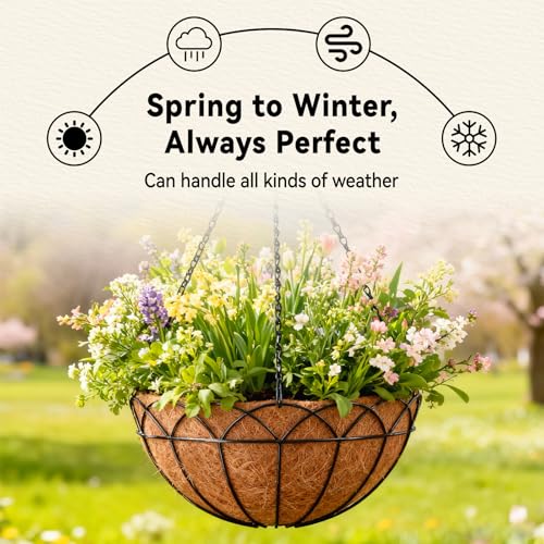 Halatool 2 Pack 14 Inch Hanging Baskets with Coco Liners, Rustproof Metal Flower Planters with Chain Hooks, No Tool Needed Heavy Duty Hanging Pots for Outdoor Patio Balcony Decor